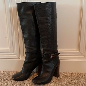 Tory Burch black leather stacked heel boot